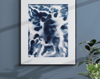 May include: Abstract watercolor painting in shades of blue and white. The painting features a swirling, organic pattern with a central focal point.