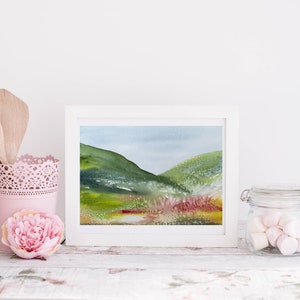 original watercolor painting, original wall art, abstract landscape art in blue, pink and green colors, handmade gift, watercolor art image 5