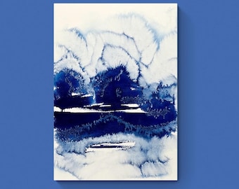 オリジナルの抽象風景画水彩画：ブルーグレーの壁アート - Etsy 日本