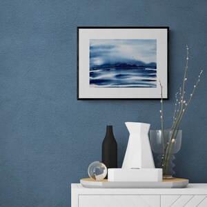 original watercolor painting, original wall art, abstract landscape art in blue colors, watercolor art image 3