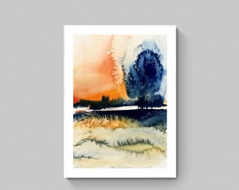 May include: Abstract watercolor painting of a landscape with a blue tree in the foreground and a sunset sky in the background.