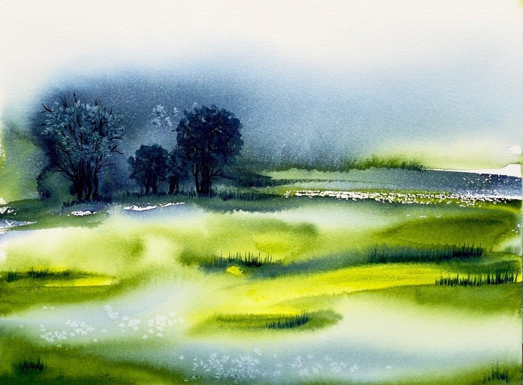 Original Watercolor Painting, Original Wall Art, Abstract Landscape Art in Blue and Green Colors