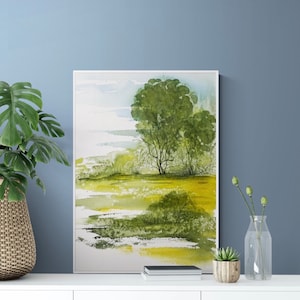 pittura ad acquerello originale, arte murale originale, arte paesaggistica nei colori blu e verde, arte ad acquerello
