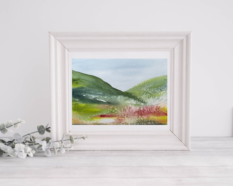 original watercolor painting, original wall art, abstract landscape art in blue, pink and green colors, handmade gift, watercolor art image 8