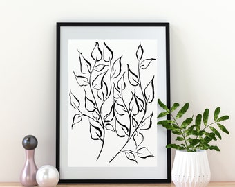 Abstract branch with leaves original watercolor painting in black and white, original wall art, watercolor art on paper, minimalist abstract