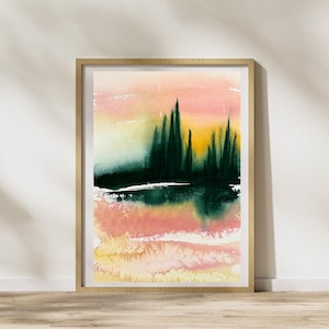 pittura ad acquerello originale, arte murale originale, arte paesaggistica nei colori blu, rosa e verde, arte ad acquerello
