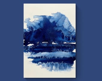 オリジナルの抽象風景画水彩画：ブルーグレーの壁アート - Etsy 日本