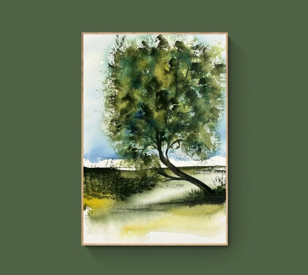 Original Watercolor Landscape Painting: Soft Blue & Green Wall Art - Etsy