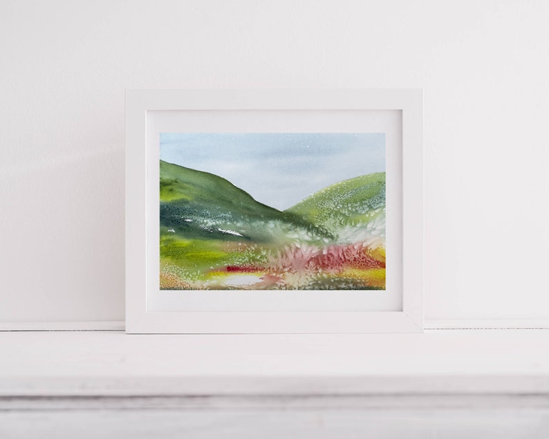 original watercolor painting, original wall art, abstract landscape art in blue, pink and green colors, handmade gift, watercolor art image 6