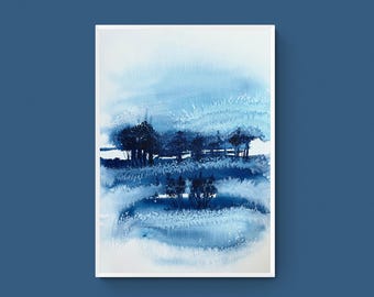 オリジナルの抽象風景画水彩画：ブルーグレーの壁アート - Etsy 日本