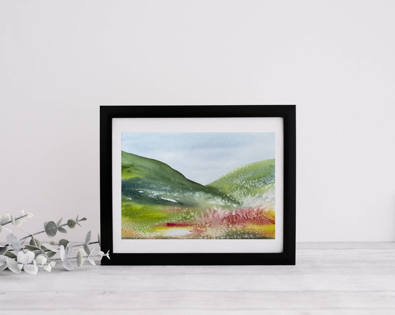 original watercolor painting, original wall art, abstract landscape art in blue, pink and green colors, handmade gift, watercolor art image 7