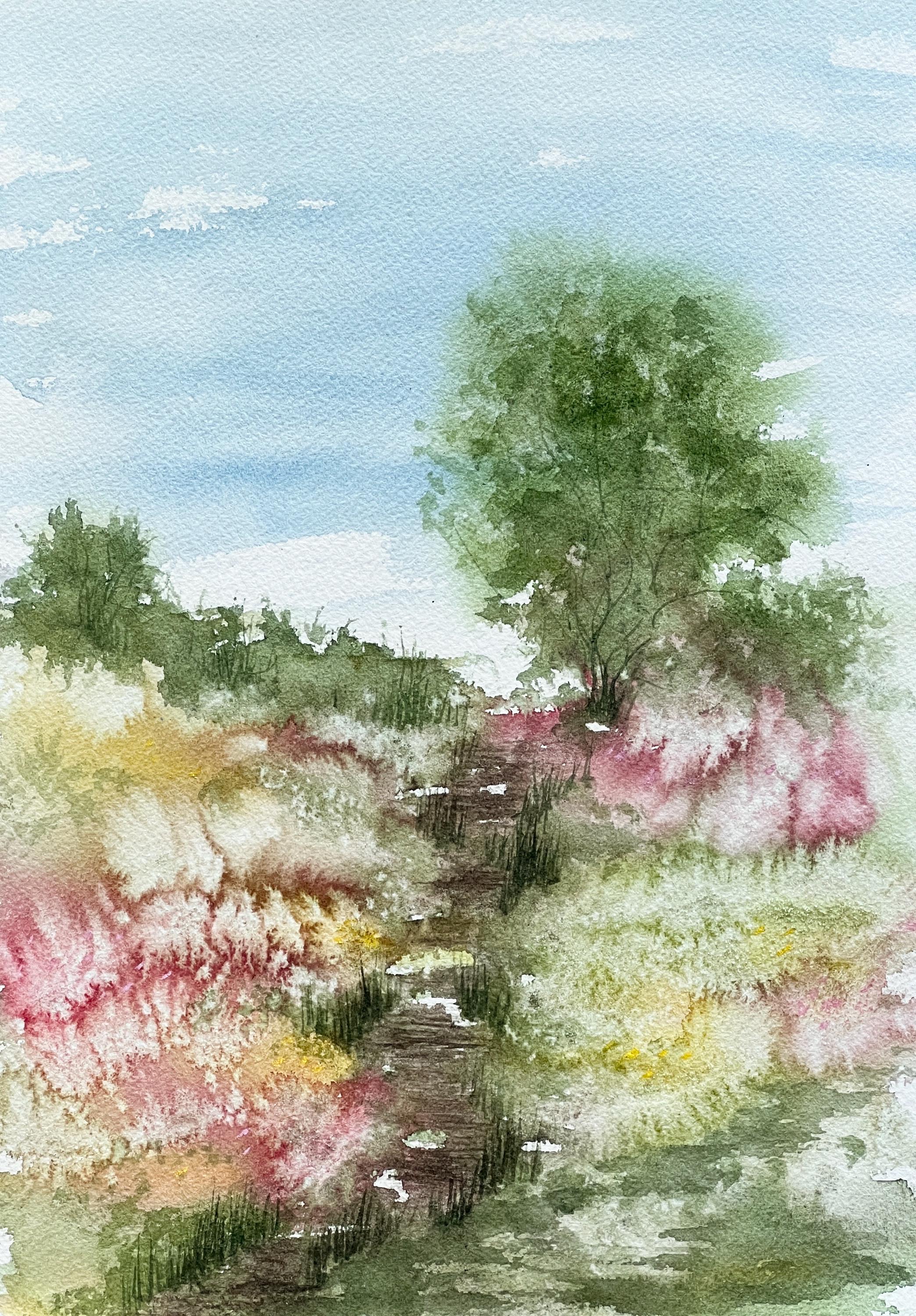 オリジナルの水彩画の壁アート、ピンクの花のある抽象的な風景 - Etsy 日本