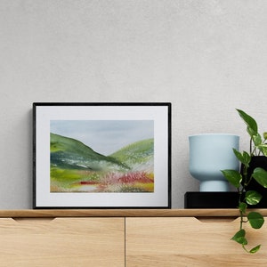 original watercolor painting, original wall art, abstract landscape art in blue, pink and green colors, handmade gift, watercolor art image 2