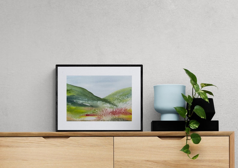 original watercolor painting, original wall art, abstract landscape art in blue, pink and green colors, handmade gift, watercolor art image 2