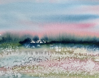 Original Aquarell Malerei, Kunst auf Leinwand, Pastell Landschaft, Kunst auf Leinwand, Unikat, handgemachtes Geschenk