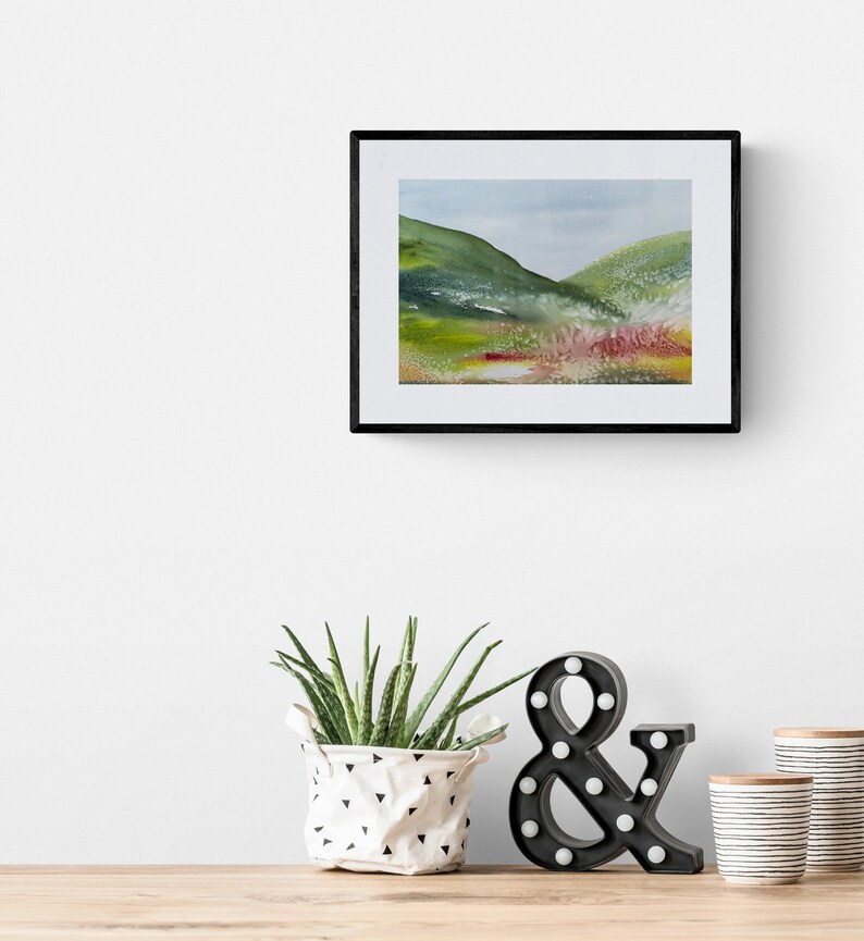 original watercolor painting, original wall art, abstract landscape art in blue, pink and green colors, handmade gift, watercolor art image 4