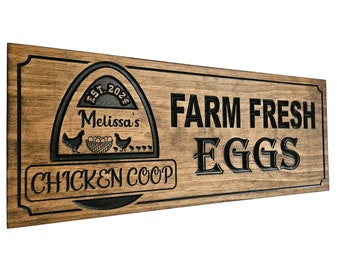 Può includere: Un cartello in legno con il testo "Farm Fresh Eggs" e "Chicken Coop" in lettere nere. Il cartello presenta anche un'immagine stilizzata di un pollaio con il testo "Est. 2024 Melissa's" sopra.