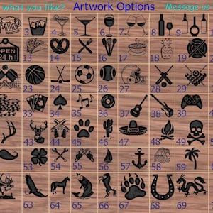 May include: A chart of 70 different artwork options for personalization. The options include various symbols, icons, and designs, such as drinks, sports, music, animals, and more. The chart is on a wooden background.
