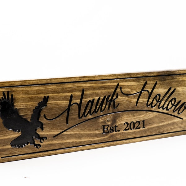 Hawk custom property sign, Hawk Hollow, Personalized Wood Family Sign-Anniversary Gift-Housewarming Gift-Hawk-Office Decor (CWD-10)