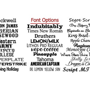 May include: A list of font names in black text on a white background. The font names include Rockwell, Afton James, Algerian, Rosewood, Western, Army, Bayery, College, Copperplate, Counterstrike, Camping Holiday, Indubitably, Times New Roman, Druthers, LEMON/MILK, LITHOS PRO REGULAR, kepo coffee, Pineapple, Tahoma, AMERICAN CAPTAIN, DK LEMON YELLOW SUN, Segoe Script, One Starry Night, Capinella ou Beaujolais, King Basil Lite, Apple Chancery, Anghones, Monotype Corsiva, Where Stars Shine The Brightest, Shelly Script, Dragon is Coming, and Script MT Bold.
