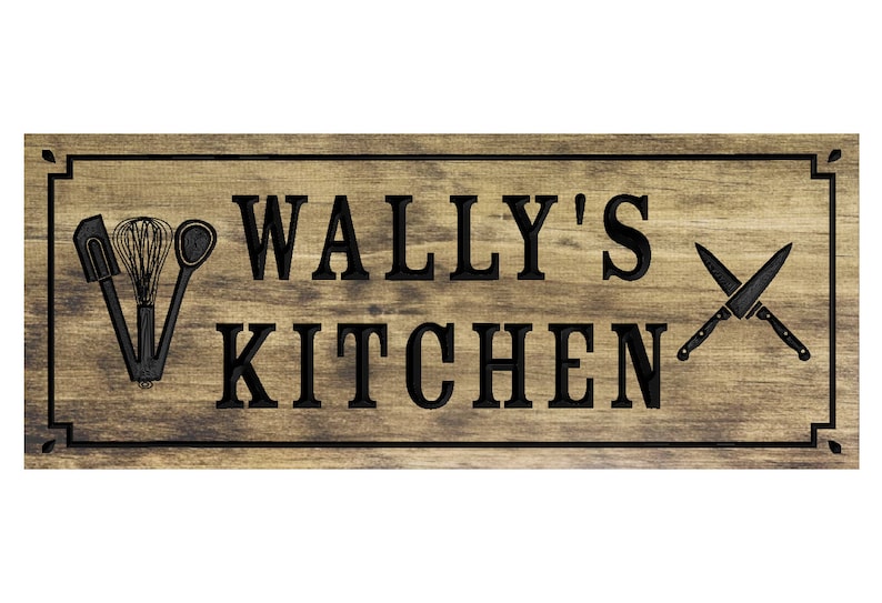 以下が含まれることがあります： 黒い文字で「WALLY'S KITCHEN」と書かれた木製の看板。看板は、左側に黒いシルエットのキッチン用品、右側に交差した2本のナイフで飾られています。