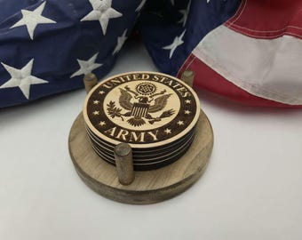 Lasered Coasters - Wooden Coasters with Holder - Military (L-14)