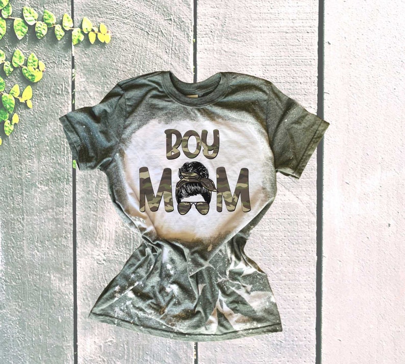 Boy Mom Camo Camoflage Bleach Acid Wash Tee Shirt