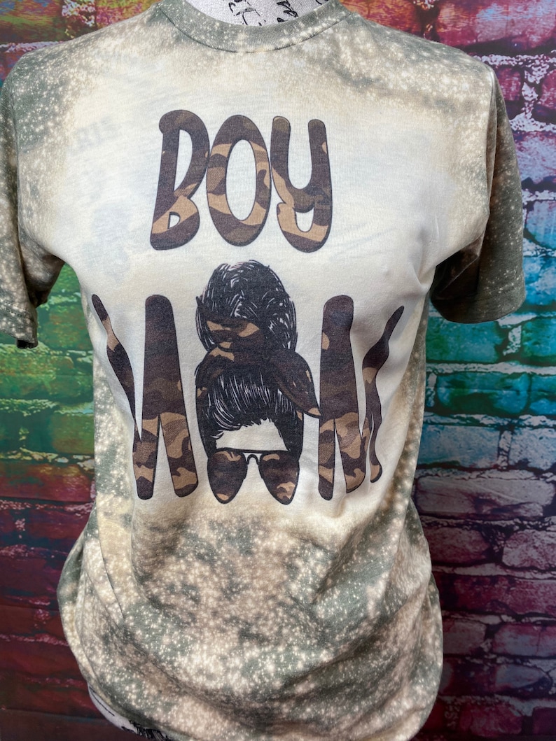 Boy Mom Camo Camoflage Bleach Acid Wash Tee Shirt