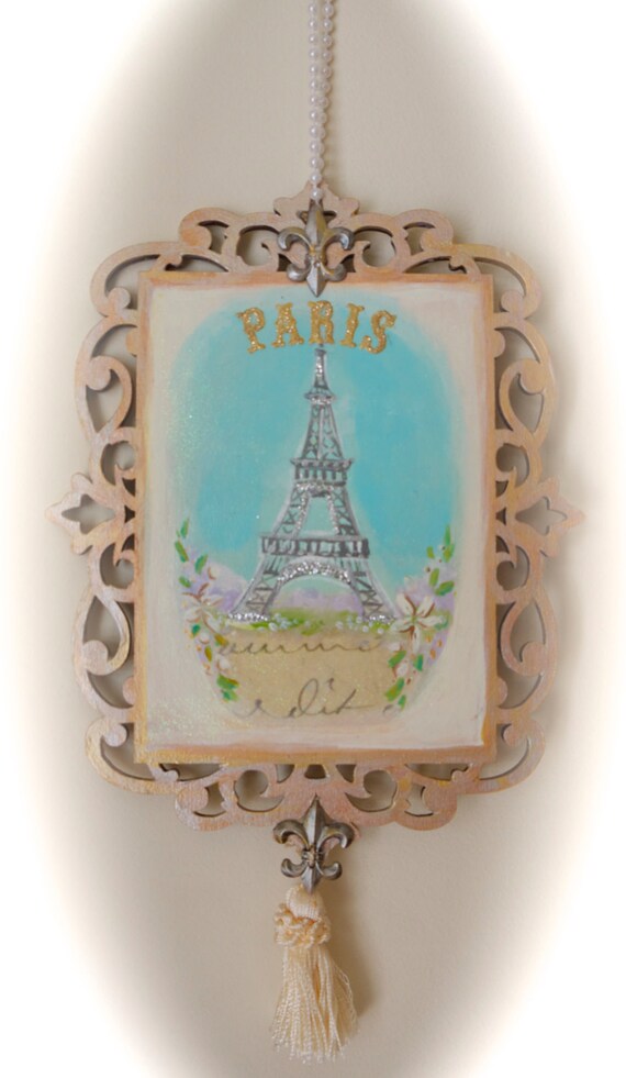 Items similar to Paris Eiffel Tower shabby wooden scroll plaque with