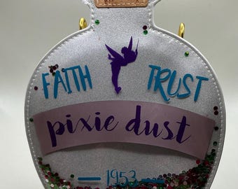 A rare vintage Disney Store Tinker Bell HTF silver Pixie Dust Glitter Sparkle Bag Cosmetic Case