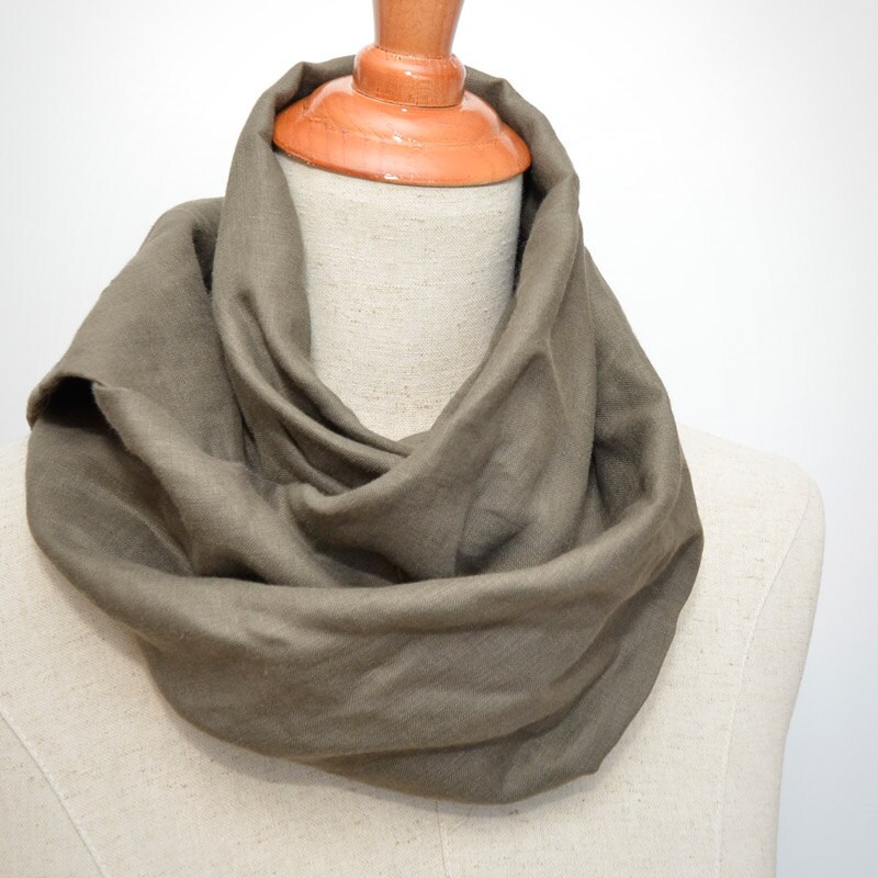 Linen Infinity Scarf. Chunky Scarf. Natural Linen. Olive. Etsy