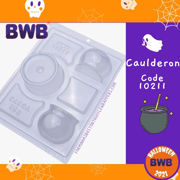 May include: A white plastic mold with six cavities for making Halloween-themed treats. The mold features a cauldron, a ghost, a round object, a square object, and two round objects with a handle. The mold is labeled "BWB 10211" and "GASCA 65g".