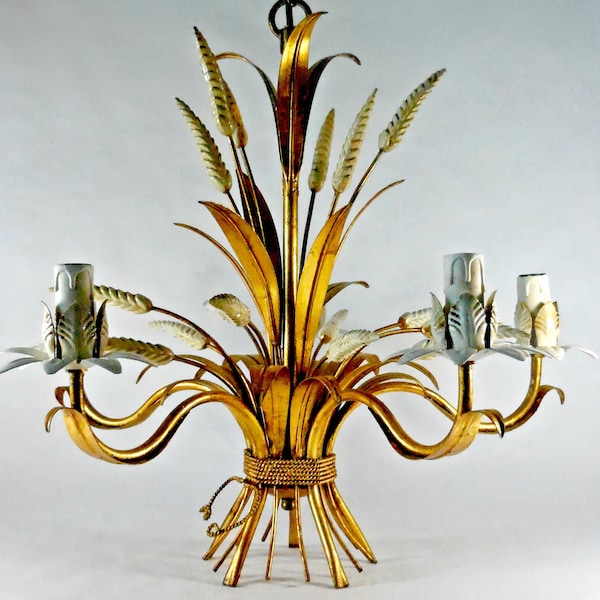 Toleware Golden Chandelier // Country Decor // Tole Lamp // Shabby Chic Lighting // Flower Lamp