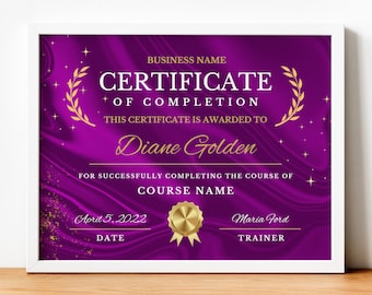 Certificate of Completion, Editable Certificate, Printable Course Certificate, Diploma Template, Training Certificate, Achievement Template