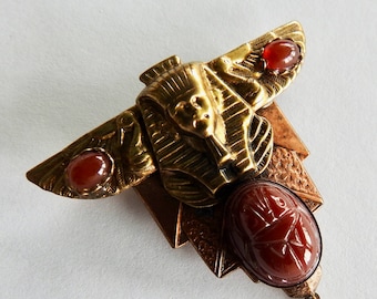 Egyptian Revival Pharaoh Head Scarab Pressed Japanese Glass Brass Brooch