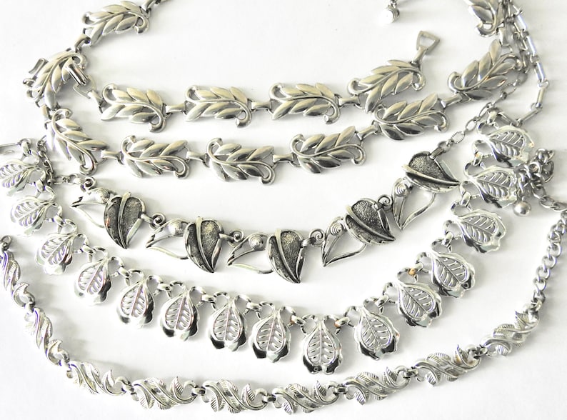 Five Pieces Leaf Jewelry Silver Tone Mid Century