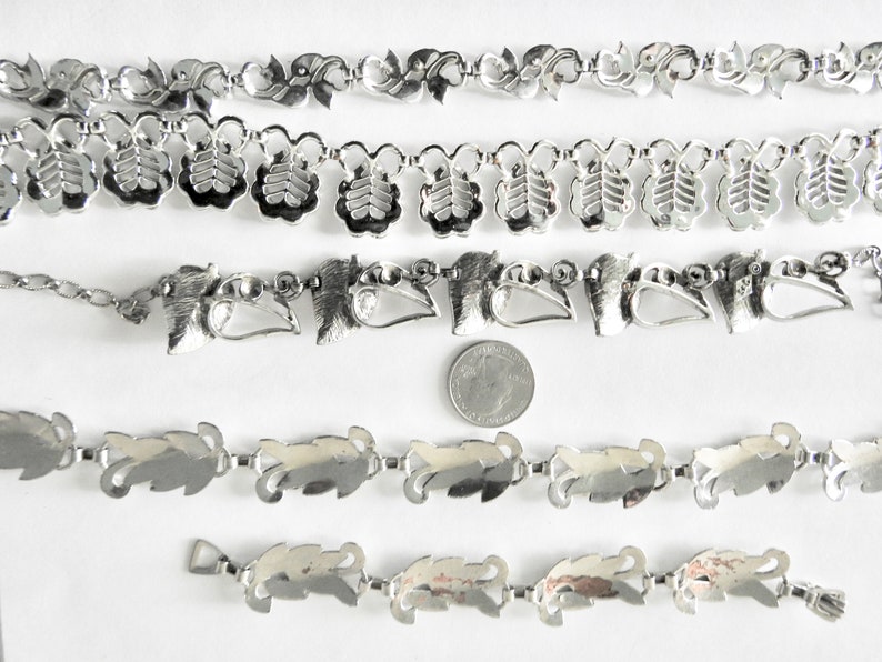 Five Pieces Leaf Jewelry Silver Tone Mid Century