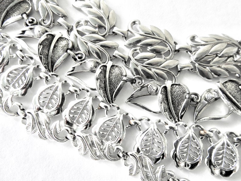 Five Pieces Leaf Jewelry Silver Tone Mid Century