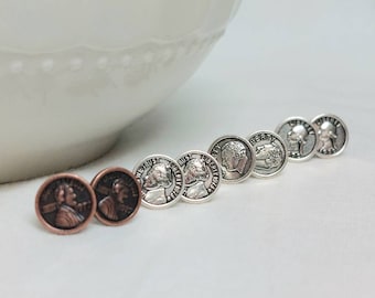 Small Coin Studs - Penny, Nickel, Dime and Quarter - Currency Earrings