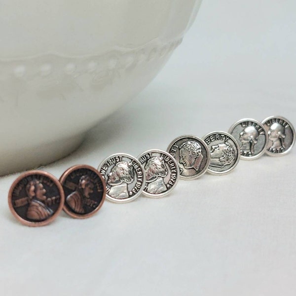 Small Coin Studs - Penny, Nickel, Dime and Quarter - Currency Earrings