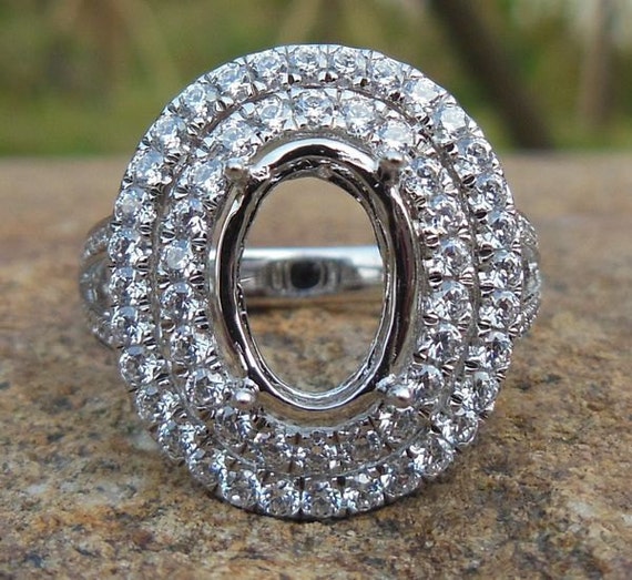 Diamond Double Halo Ring: 14K White Gold Semi Mount, 7x10MM Oval