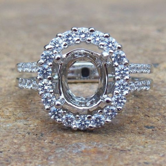 Diamond Halo Engagement Ring: 14K White Gold Oval Semi Mount