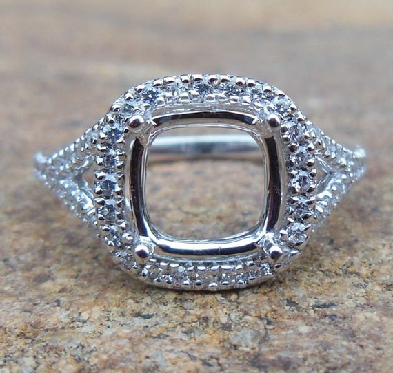 Solid 14K White Gold Cushion Cut  7X7MM Fashion Semi Mount Ring / Diamond Ring