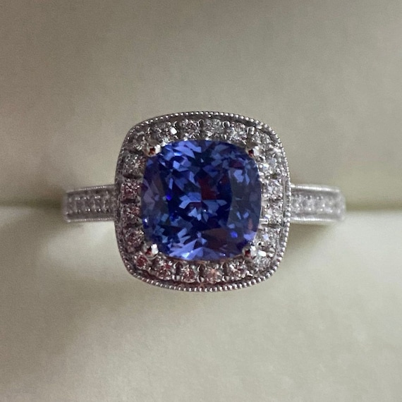 14K White Gold Sapphire Ring: 7MM Cushion Cut Diamond Milgrain Ring