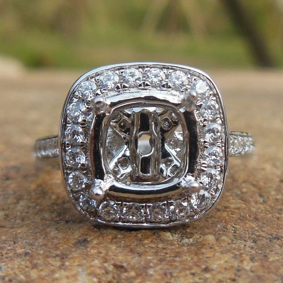 14K White Gold Diamond Halo Ring Semi Mount: 7mm Cushion Cut