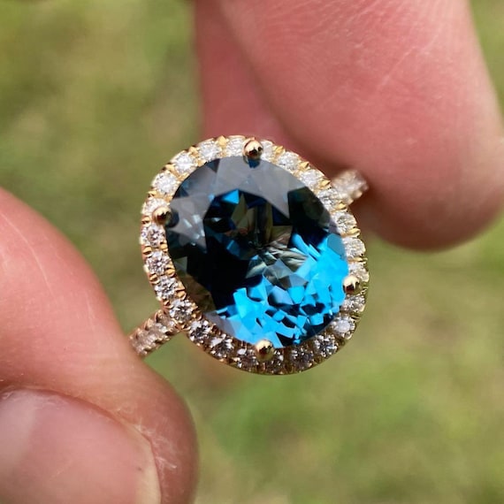 14K Yellow Gold London Blue Topaz Ring with Natural Diamonds