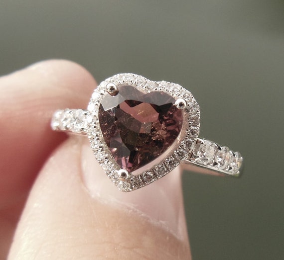 14K White Gold Heart Tourmaline Ring: Diamond Halo Engagement Ring