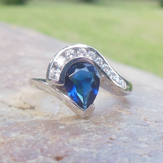 Pear Lab Grown Sapphire Ring: 14K White Gold Diamond Accent