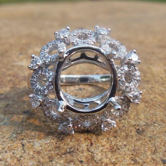 Flower Shape Oval 9X11MM Solid 14K White Gold Fashion Semi Mount Ring / Diamond Ring