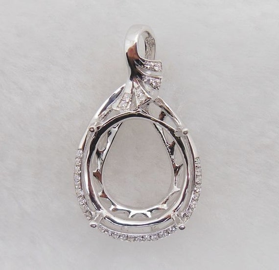 Solid 14K White Gold Oval 13X15MM Fashion Semi Mount Pendant